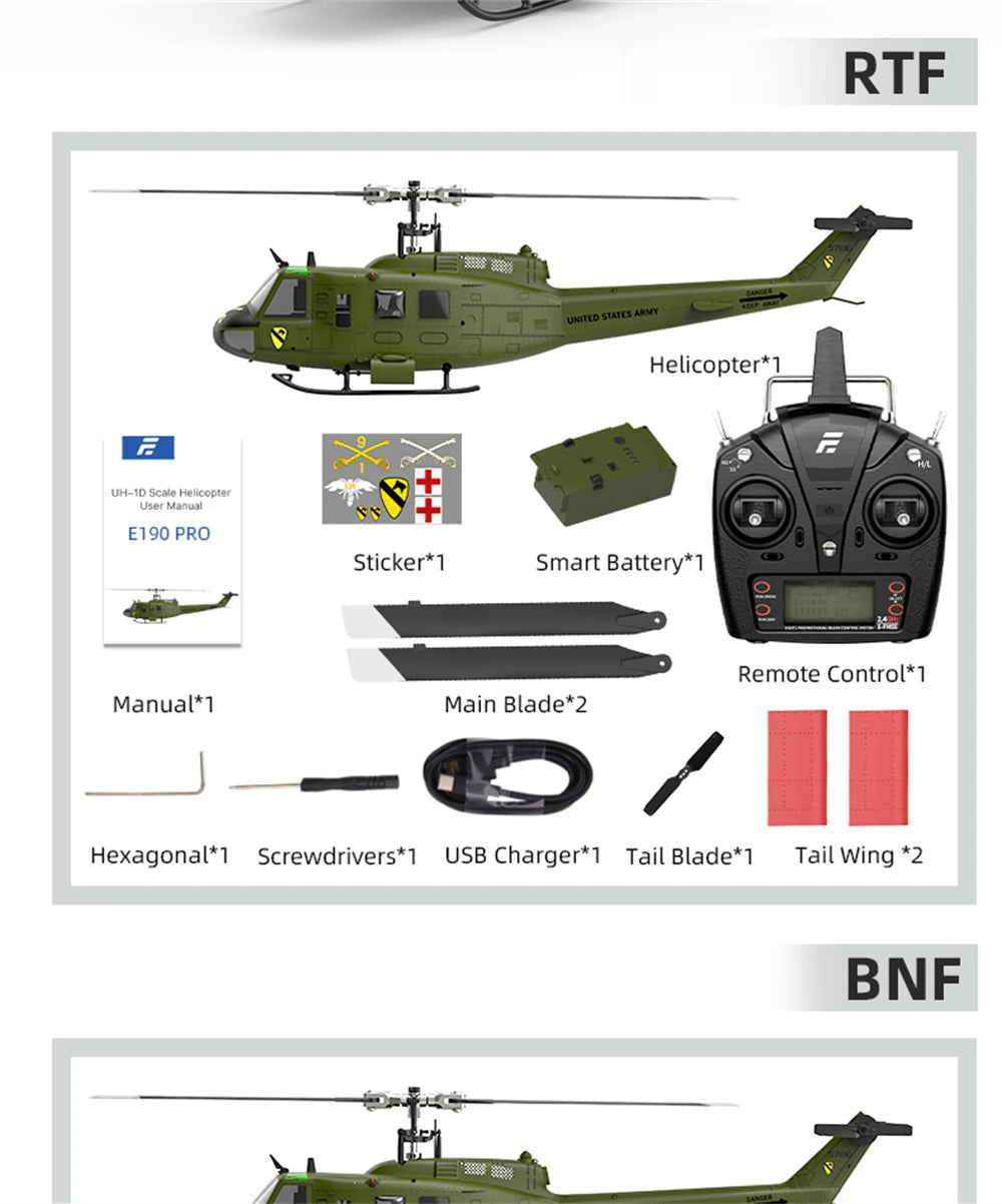 Eachine E190 PRO UH-1 6-Channel RC Helicopter Brushless Motor GPS Hold Altitude Scale Military Green Sealed Box