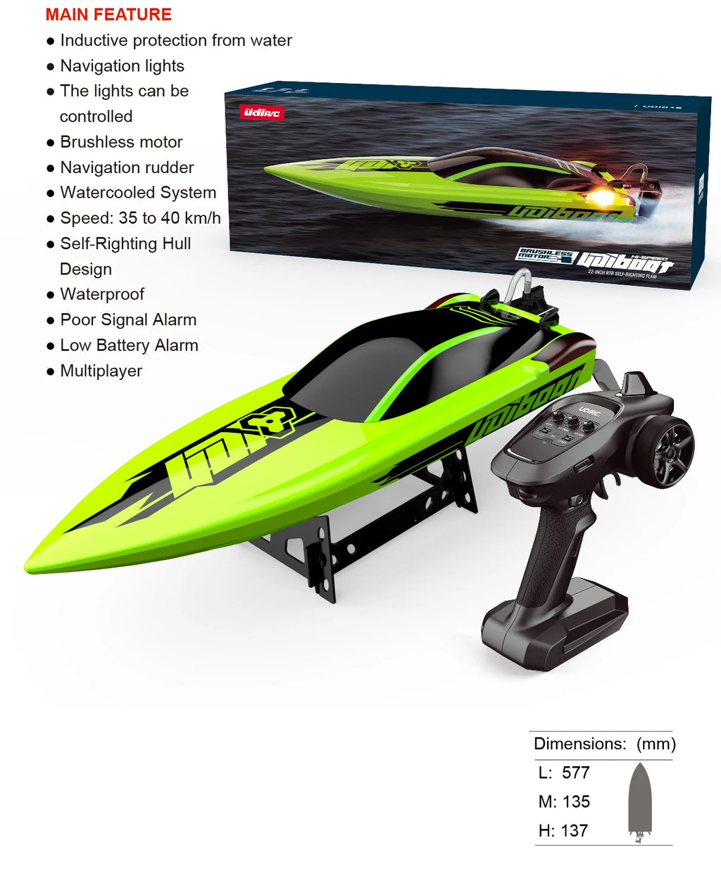 22.8Inches UDI R/C UDI018 Large RC Speed Boat 2.4G 4WD  40-45km/h Remote Control Brushless Watercraft for Hobby Adult