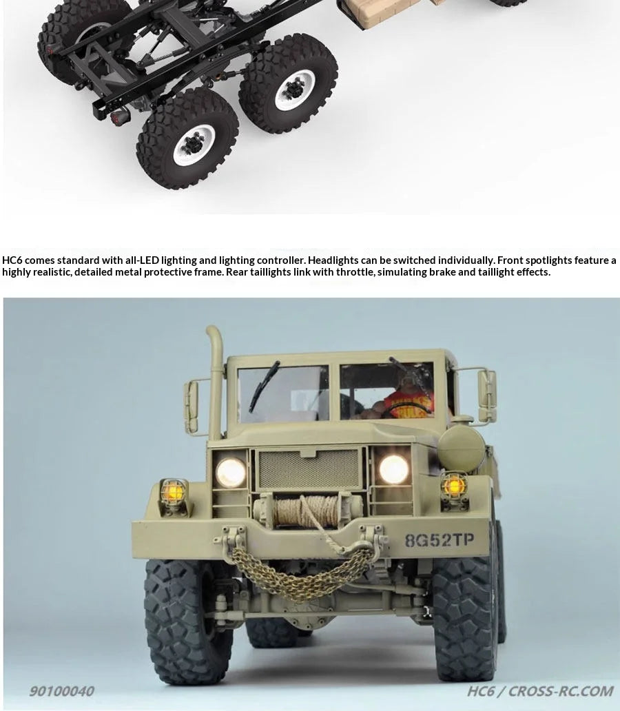 CROSS HC6 M35 Style 6X6 RC Car Military Truck Electric Remote Control Hard Shell Off Road Rock Crawler Dual Speed Model Vehicle