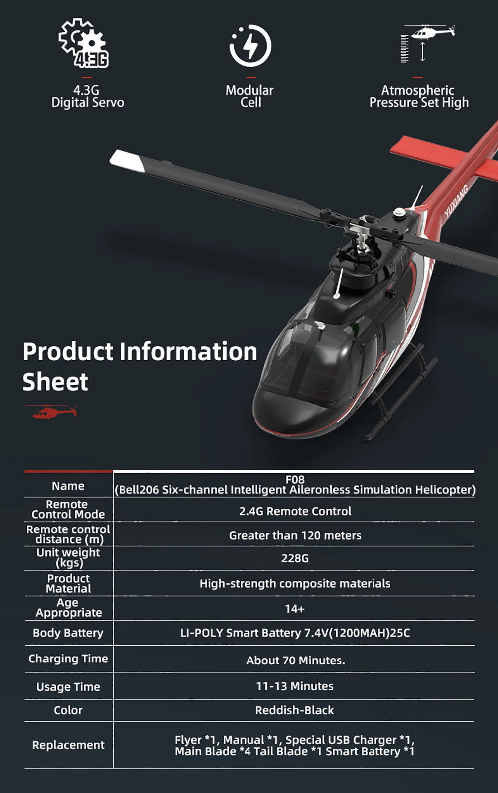 Original YUXIANG 2.4G 6CH Aileronless Bell-206 Helicopter Brushless Motor 6-Axis Gyro 120M Toys