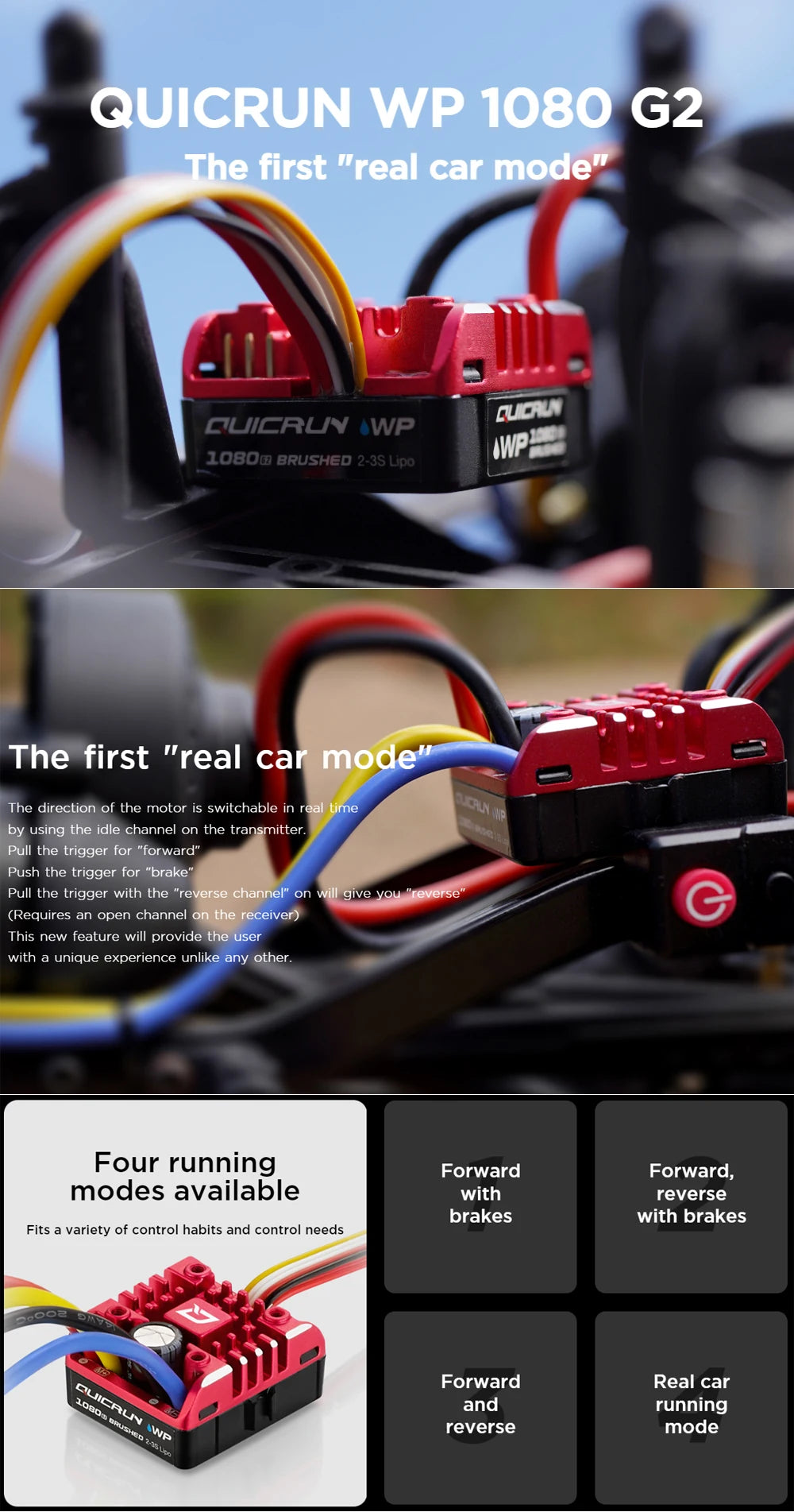 Hobbywing QuicRun WP 1080 G2 80A 2-3S Brushed ESC With BEC Output 540&550 Brushed Motor For 1:10 Rock Crawlers/Vehicles/Car Toys