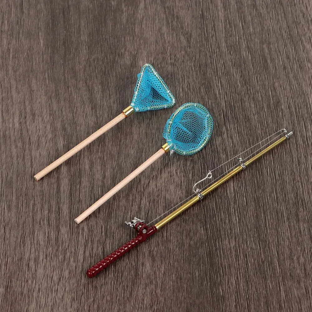1:12 Miniature Fishing Rod Fish Pole Trammel Net Dollhouse Decoration Doll Accessories Scene Model Micro Landscape Fairy Garden