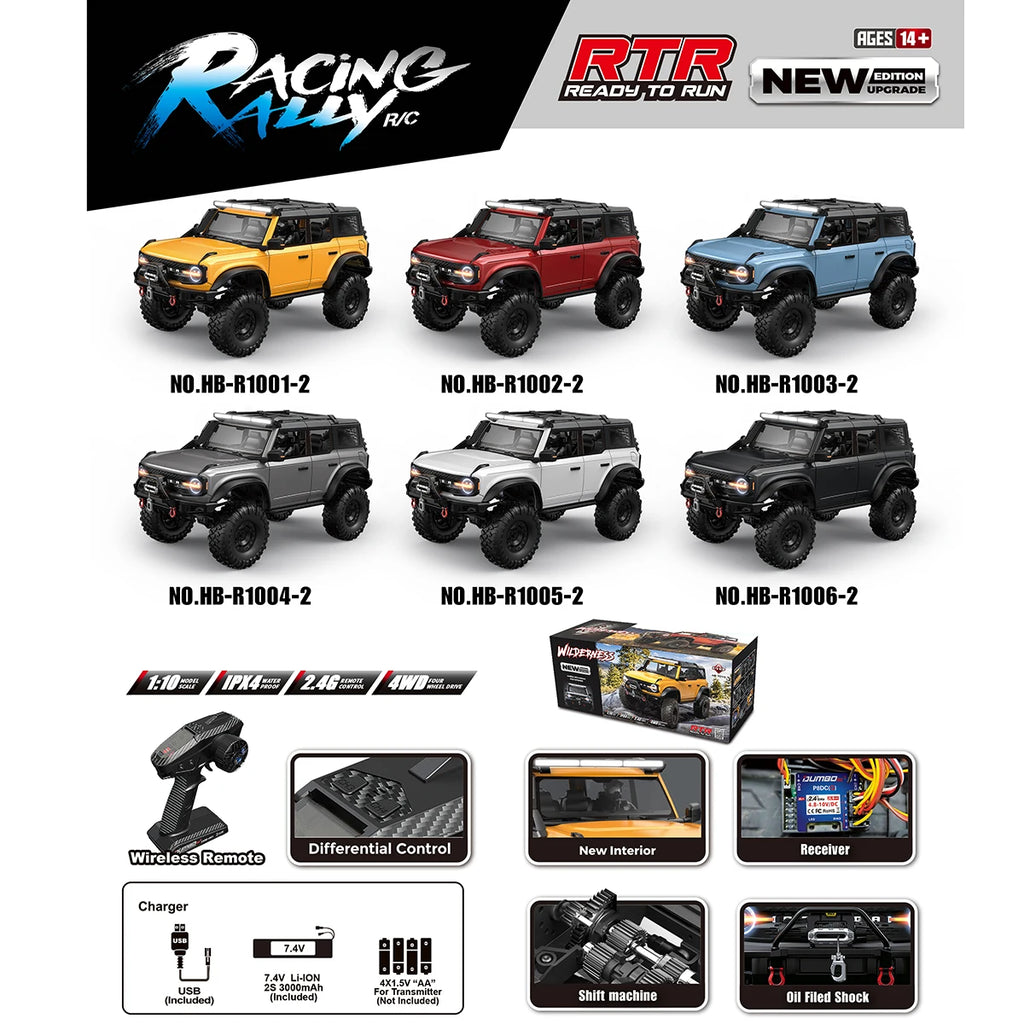 HB 1/10 RC Crawler R1001 4WD RTR Off-road Car with LED 2.4G Electric Remote Control Climbing Rock Buggy Vehicle for Adults