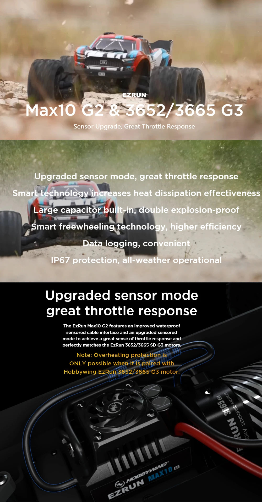 Hobbywing EzRun MAX10 G2 80A/140A Waterproof Brushless ESC & 3652/3665 SD G3 4-Pole Sensored Brushless Motor For 1:10 Truck Car