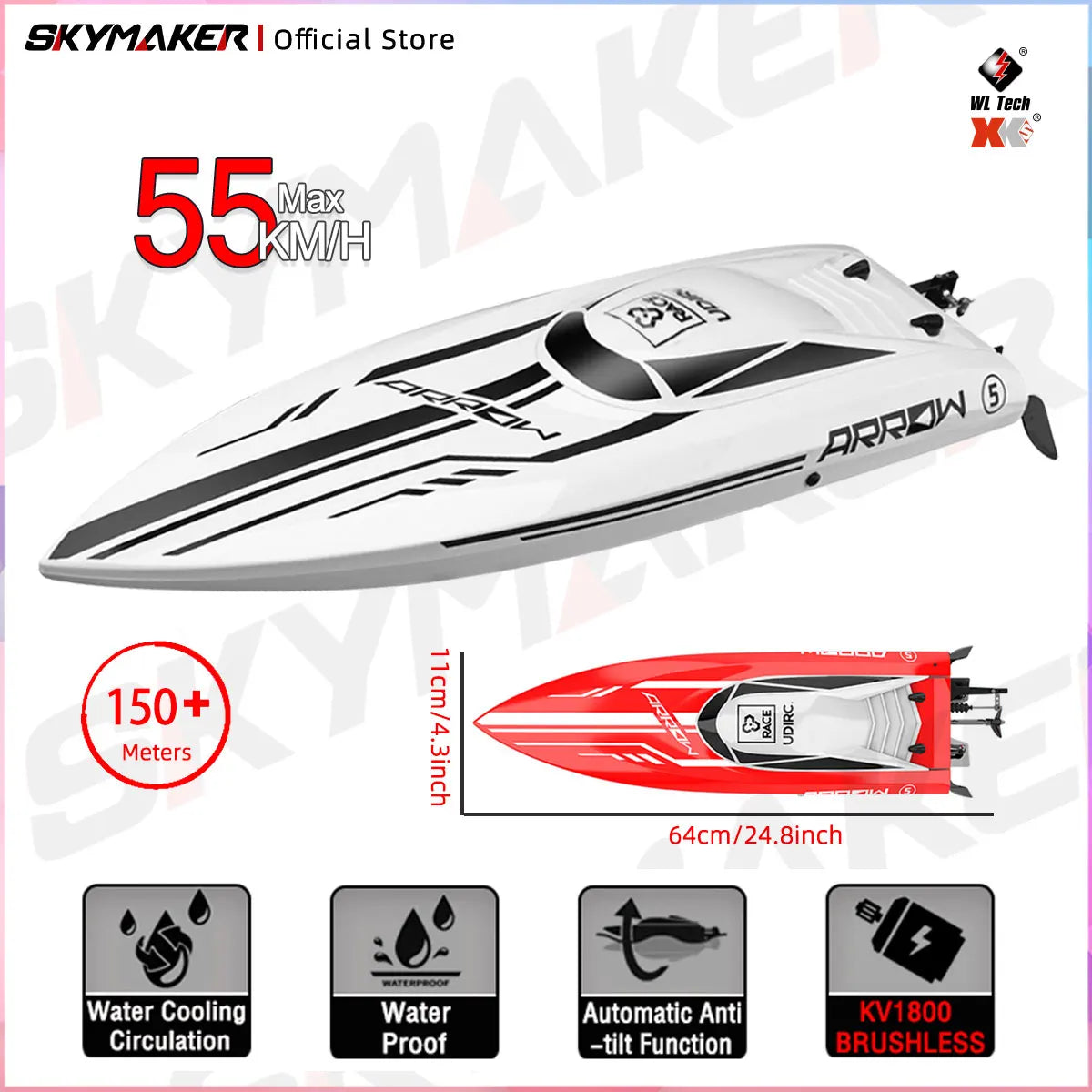 Udirc RC Boat Udi005 50Km/H High Speed Brushless Motor 2.4GHz Remote Control RC Speedboat PvC Electric Boat Toys Gift for Boy