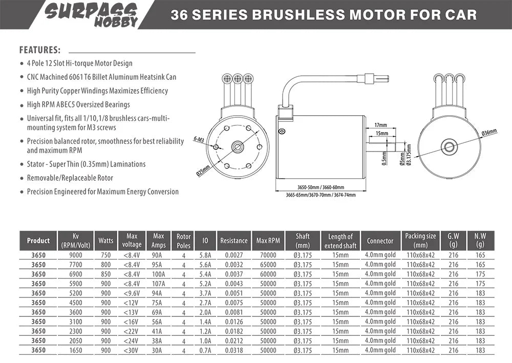 Surpass Hobby KK 3650 Combo Waterproof Brushless Motor 7700/6900/4500/3600/3100KV 3.175mm Shaft w/ 60A/120A ESC for 1/10 RC Car