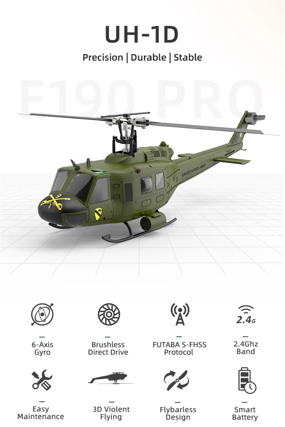 Eachine E190 PRO UH-1 6-Channel RC Helicopter Brushless Motor GPS Hold Altitude Scale Military Green Sealed Box