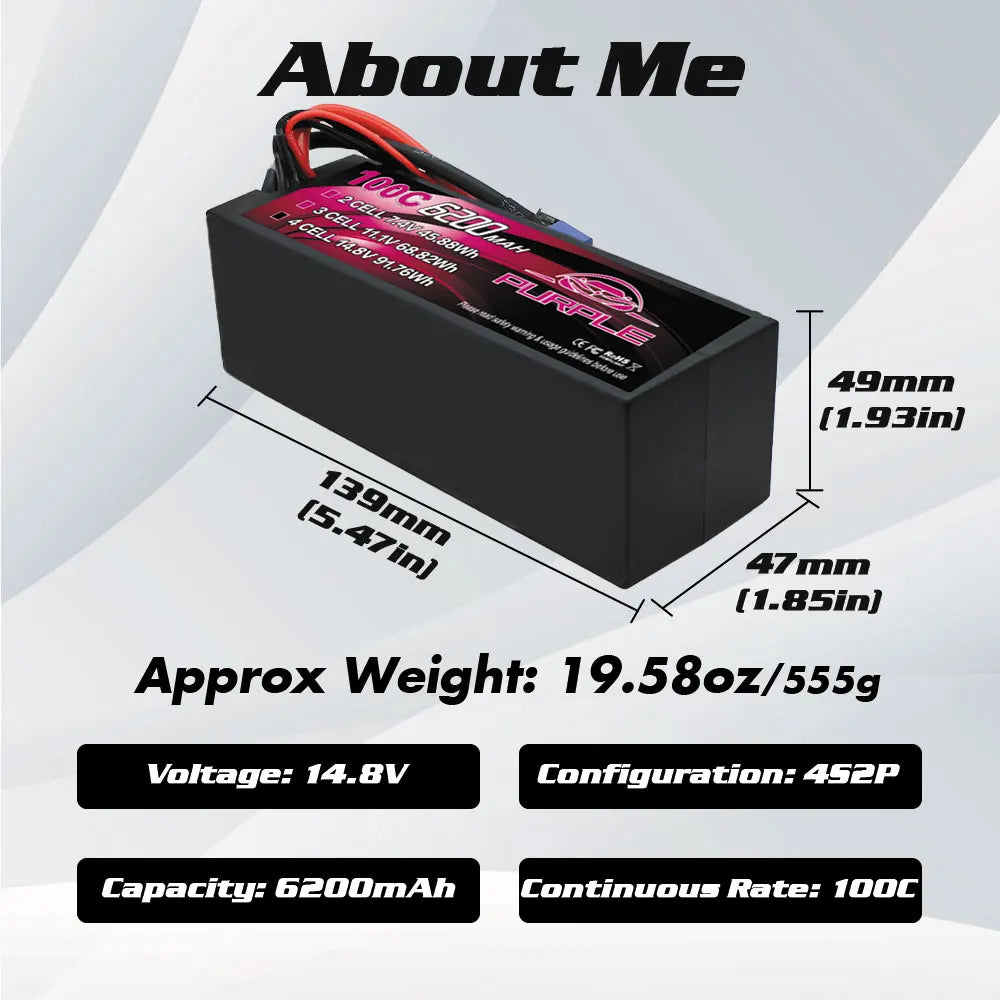 4S 14.8V Lipo Battery 6200mAh 100C Hardcase with EC5 Plug For RC Car Boat Vehicles Truck Tank Truggy Buggy Racing Hobby
