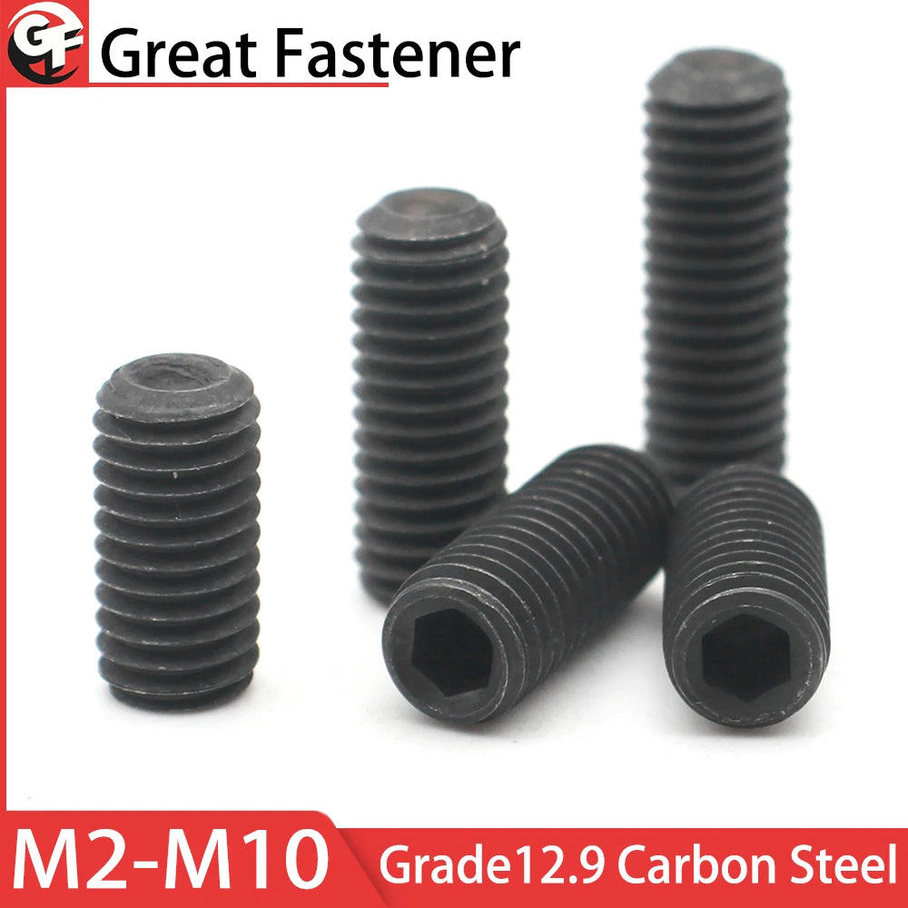 10pcs M2 M2.5 M3 M4 M5 M6 M8 M10 Black Grade12.9 Carbon Steel Hexagon Hex Socket Set Screw Headless Cup Point Set Screw