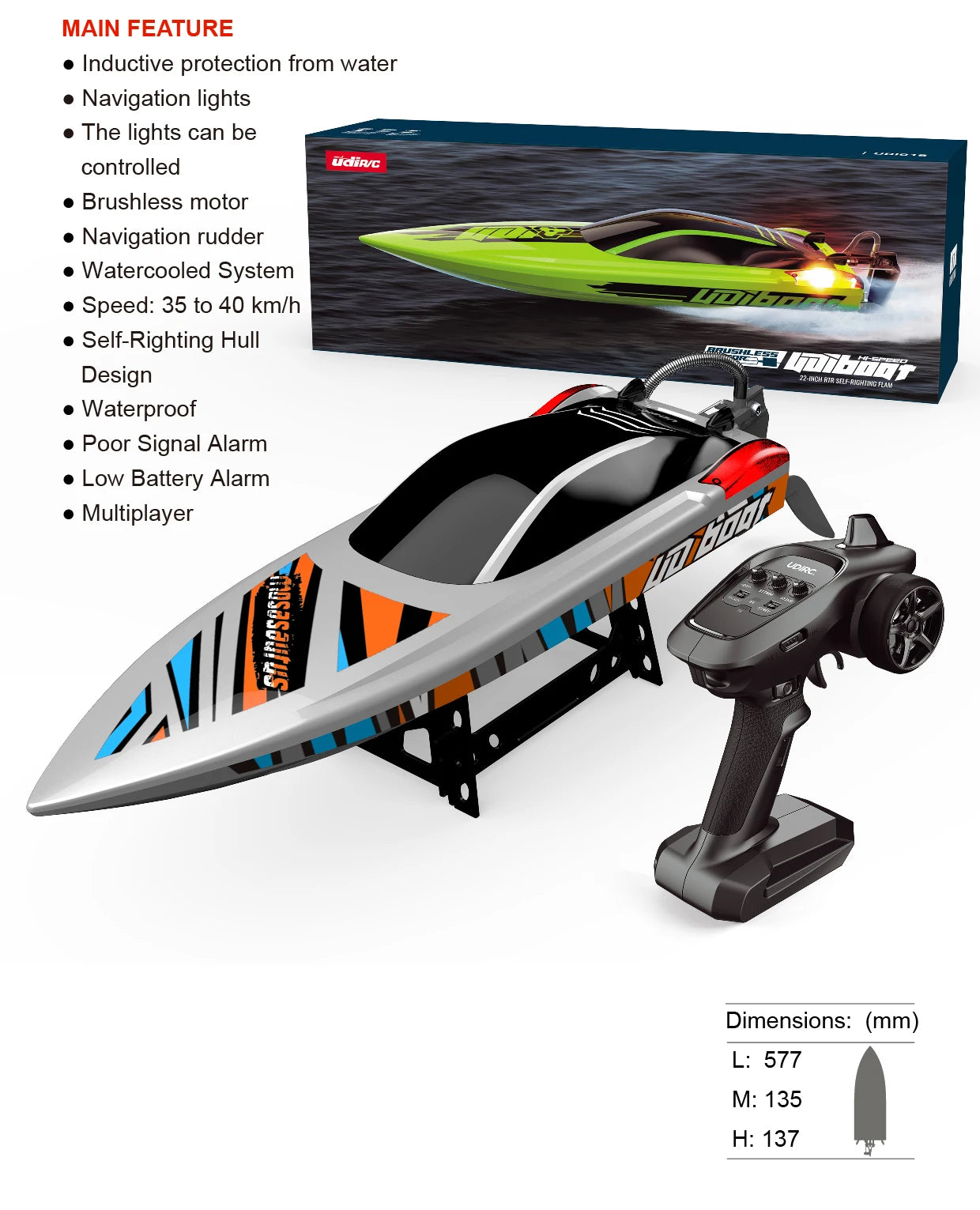 22.8Inches UDI R/C UDI018 Large RC Speed Boat 2.4G 4WD  40-45km/h Remote Control Brushless Watercraft for Hobby Adult