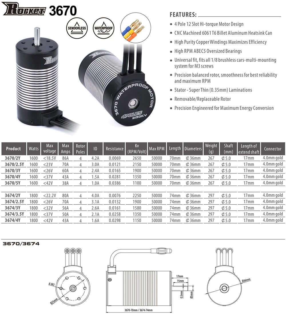 Surpass Hobby Rocket 2845 F540 3650 3660 3665 3670 3674 4068 Waterproof Brushless Motor for 1/10 1/12 RC Car Robot WLtoys 12428