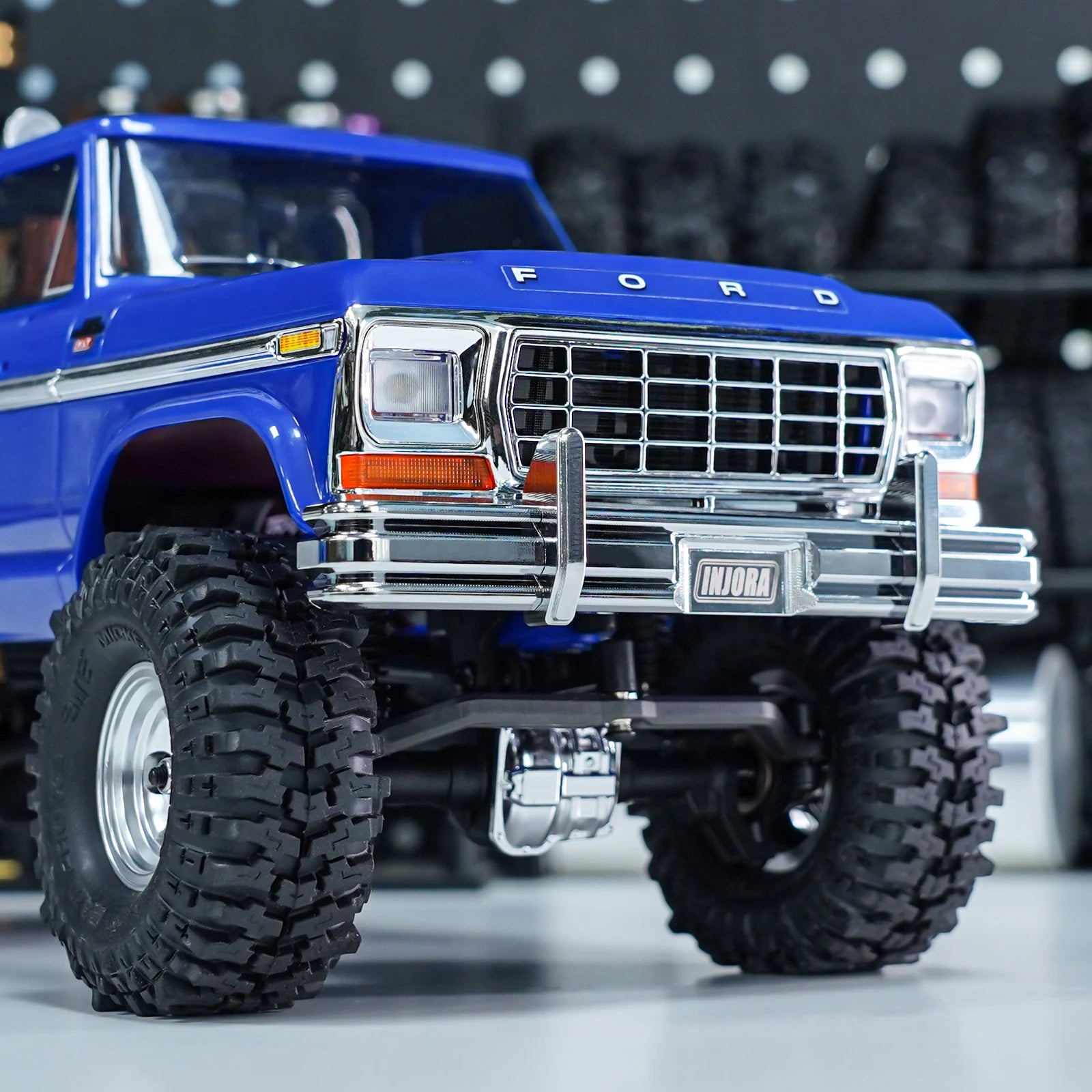 INJORA CNC Aluminum Front Rear Bumper with Dual Exhaust for 1/18 RC Crawler TRX4M High Trail F150 Upgrade (4M-95)