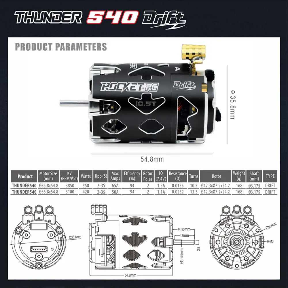 Surpass Hobby Rocket-RC 540 Sensored Brushless Motor 10.5T 13.5T 2-3S 3.175 mm Shaft for 1/10 RC Racing Drift Car Parts