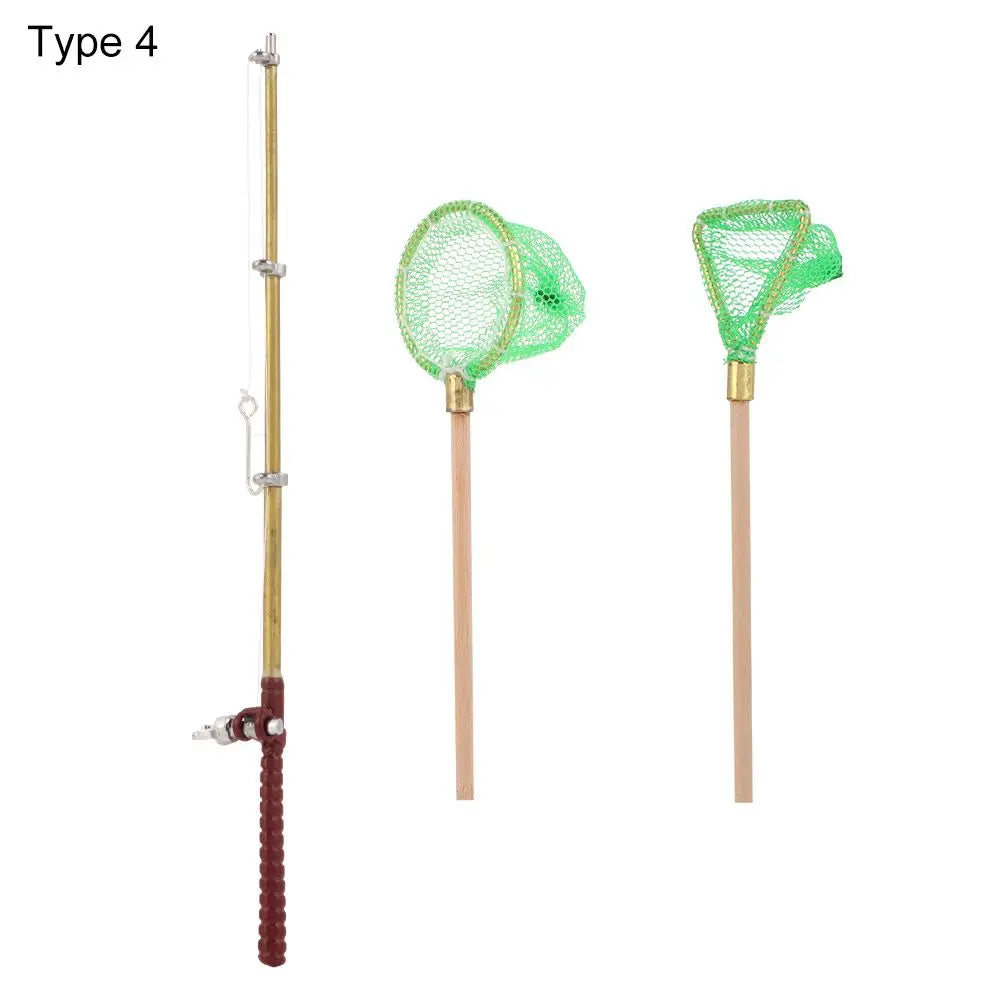 1:12 Miniature Fishing Rod Fish Pole Trammel Net Dollhouse Decoration Doll Accessories Scene Model Micro Landscape Fairy Garden