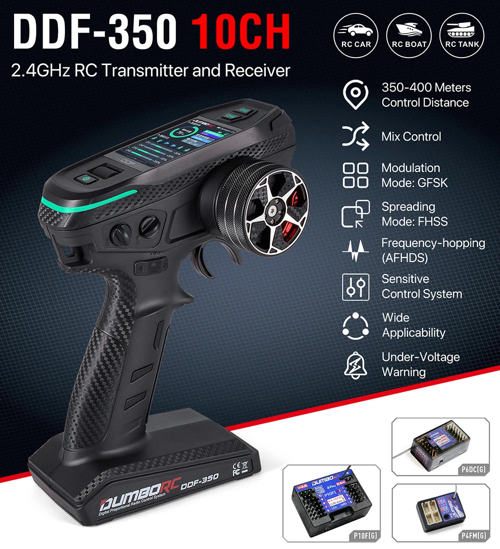 DUMBORC 2.4G 10CH Digital Radio Remote Controller DDF-350 Transmitter with Receiver  for RC Car Boat Tank LCD FHSS System