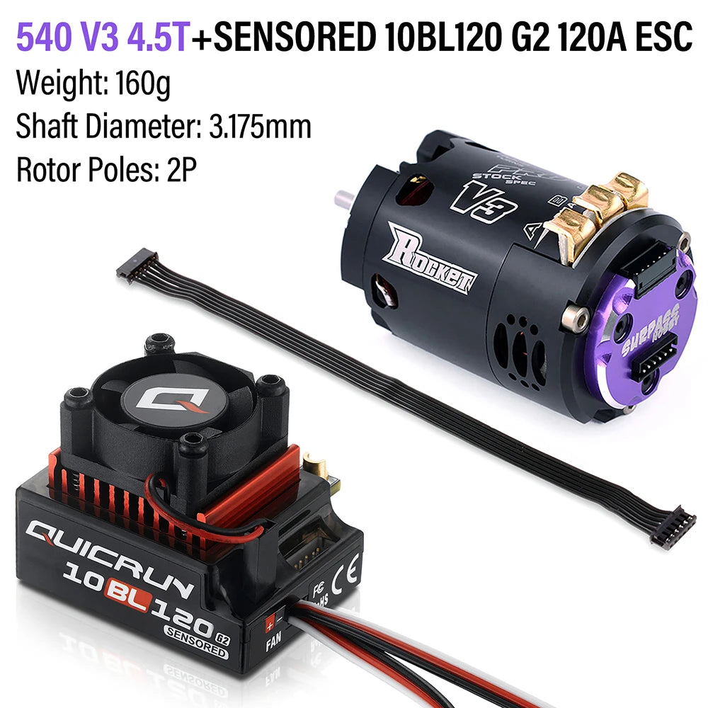 Hobbywing QUICRUN 10BL120 120A ESC w/Rocket 540 V3 4.5T  Motor Sensored Brushless Combo for Competition 1/10 1/12 F1 RC Car