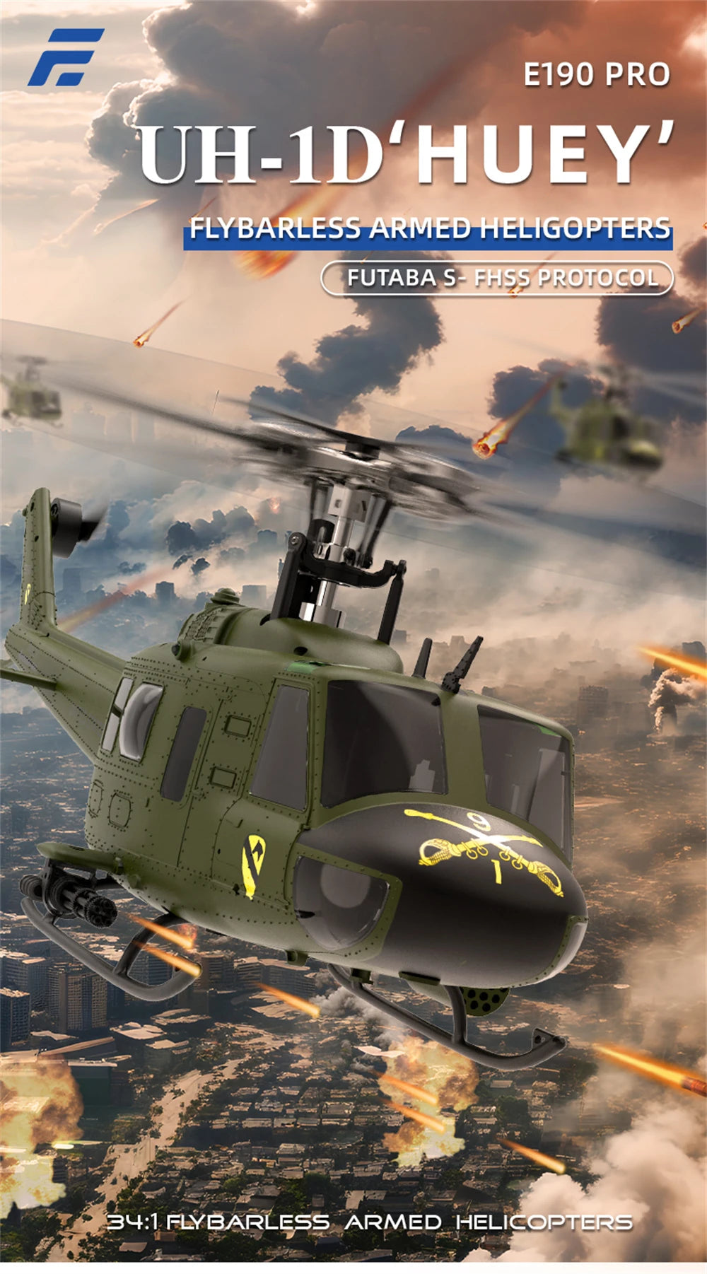 Eachine E190 PRO UH-1 6-Channel RC Helicopter Brushless Motor GPS Hold Altitude Scale Military Green Sealed Box