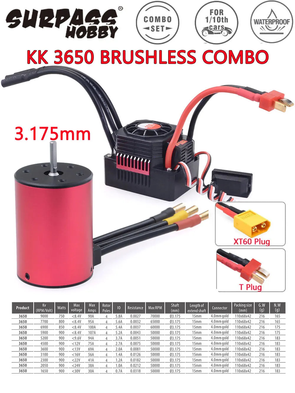 Surpass Hobby KK 3650 Combo Waterproof Brushless Motor 7700/6900/4500/3600/3100KV 3.175mm Shaft w/ 60A/120A ESC for 1/10 RC Car