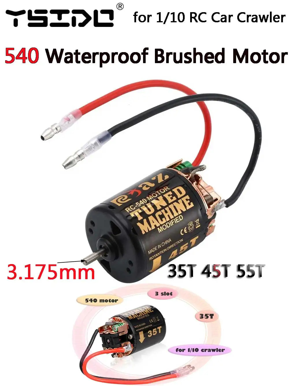 YSIDO 540 Combo Brushed Motor 55T 45T 35T 60A ESC for 1/10 Off-Road Rock Crawler Climbing RC Car Traxxas TRX4 Axial SCX10