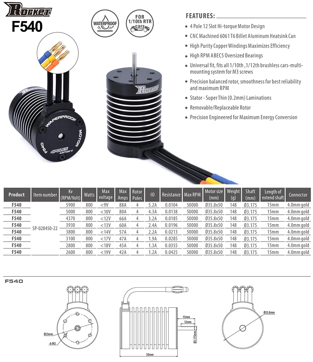 Surpass Hobby Rocket 2845 F540 3650 3660 3665 3670 3674 4068 Waterproof Brushless Motor for 1/10 1/12 RC Car Robot WLtoys 12428
