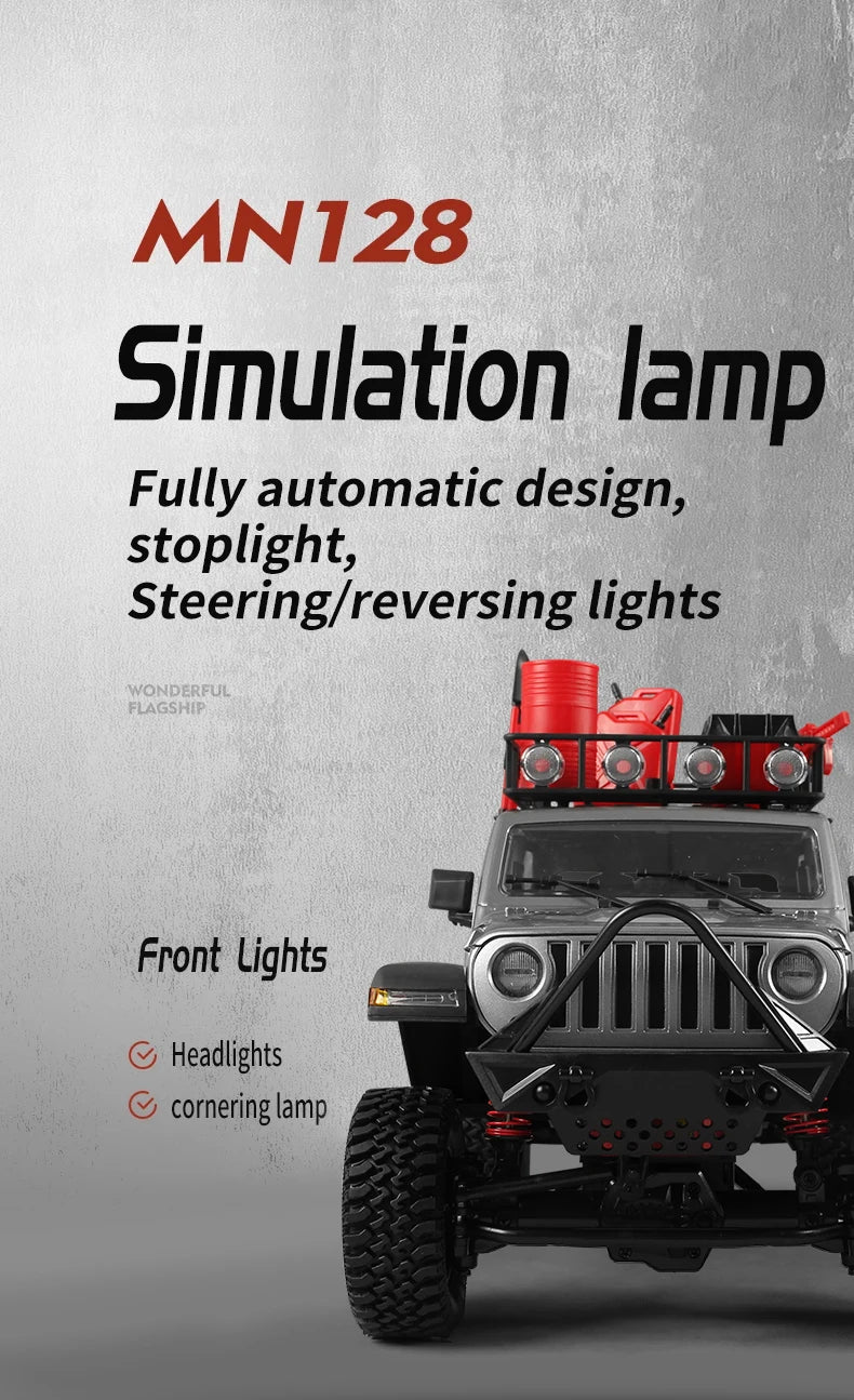 1/12 MN128 RC Car 4WD Jeep Model 2.4G Remote Control LED Light 4X4 Off Road 4WD Climbing RC Truck Electric Toy Car Gift for Boy