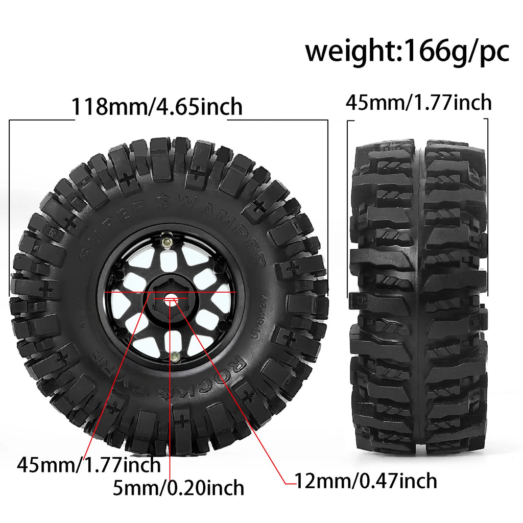 4-PCS 1.9 Beadlock Wheels and Tires OD 4.65'' for 1/10 Crawler Traxxas TRX4 Axial SCX10 II III Redcat Gen8 Gen7 12mm Hex