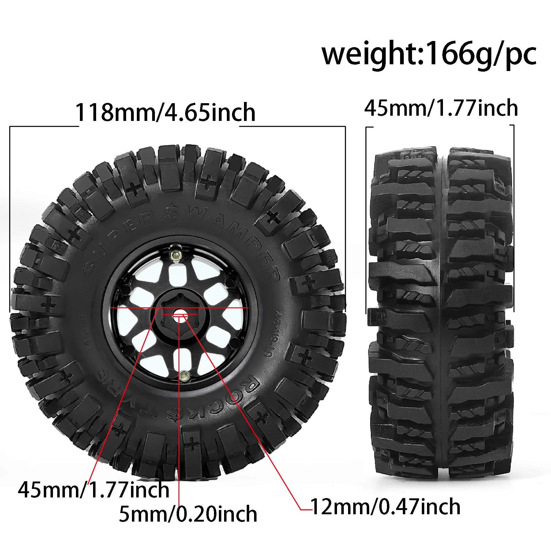 4-PCS 1.9 Beadlock Wheels and Tires OD 4.65'' for 1/10 Crawler Traxxas TRX4 Axial SCX10 II III Redcat Gen8 Gen7 12mm Hex