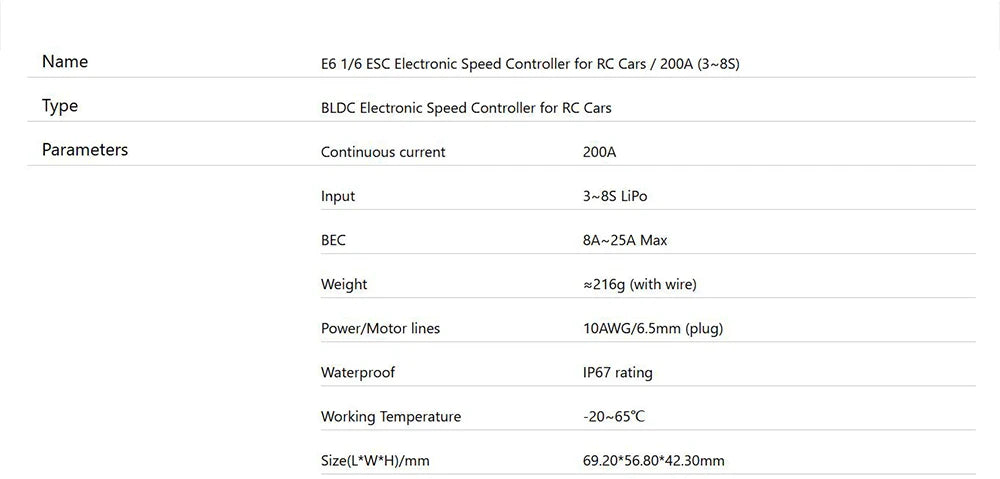 XC E6 200A 3-8S Lipo Sensored Brushless ESC for 1/6 RC Model Car Buggy Truck Accessories