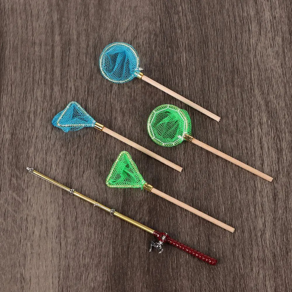 1:12 Miniature Fishing Rod Fish Pole Trammel Net Dollhouse Decoration Doll Accessories Scene Model Micro Landscape Fairy Garden