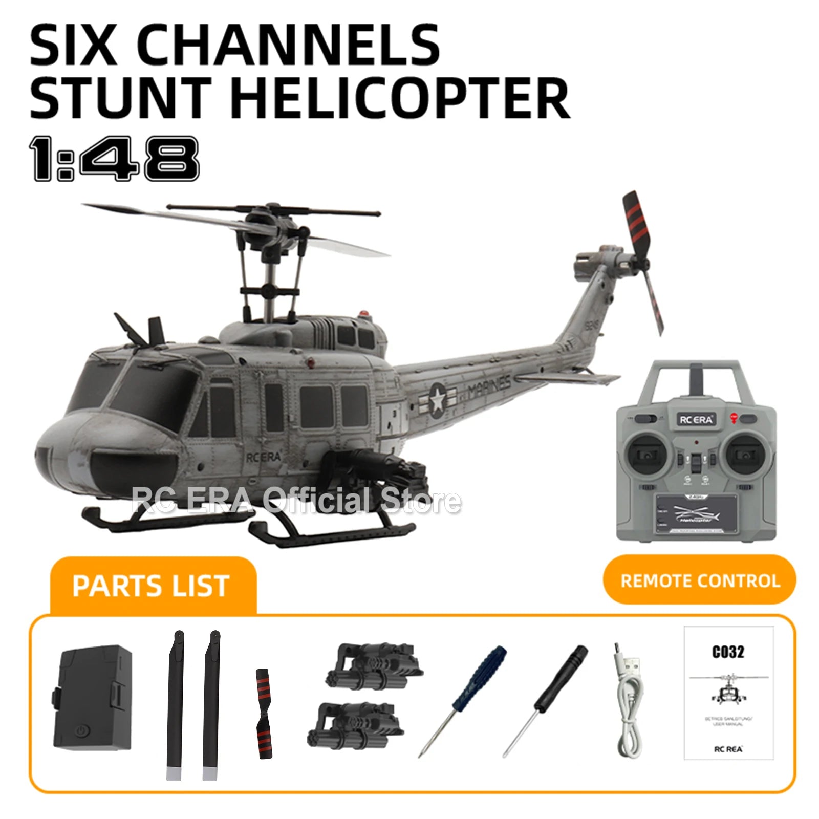 RC ERA C032 UH1 Huey Weathered Marine 6ch RC Helicopter with Optical Flow TOF Auto Stabilized Remote Control Hobby Toys for Boy