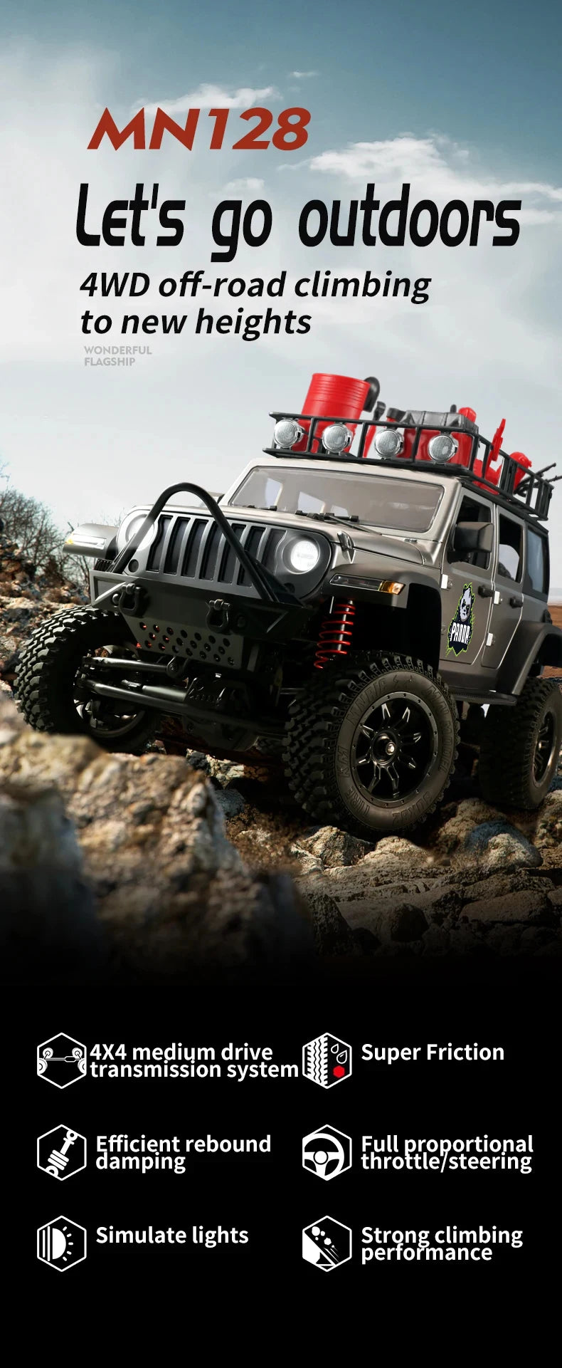 1/12 MN128 RC Car 4WD Jeep Model 2.4G Remote Control LED Light 4X4 Off Road 4WD Climbing RC Truck Electric Toy Car Gift for Boy