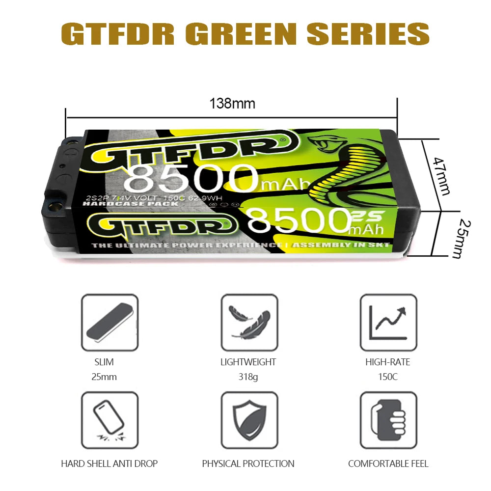 GTFDR 7.6V 7.4V 2S 5MM SHORTY HV 5200MAH 7200MAH 7000MAH 6300MAH 8400MAH 8500MAH 9400MAH 120C 150C 140C  Battery Rc Lipo 1/10