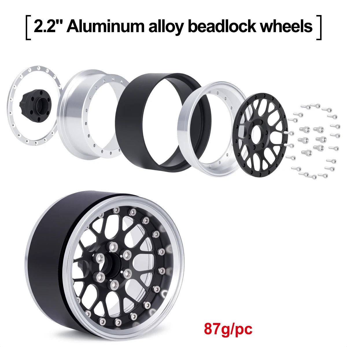 4Pcs Aluminum Alloy 2.2" Beadlock Wheels, Universal Fit for 1/10 RC Crawler Car Axial SCX10 II III & Traxxas TRX4