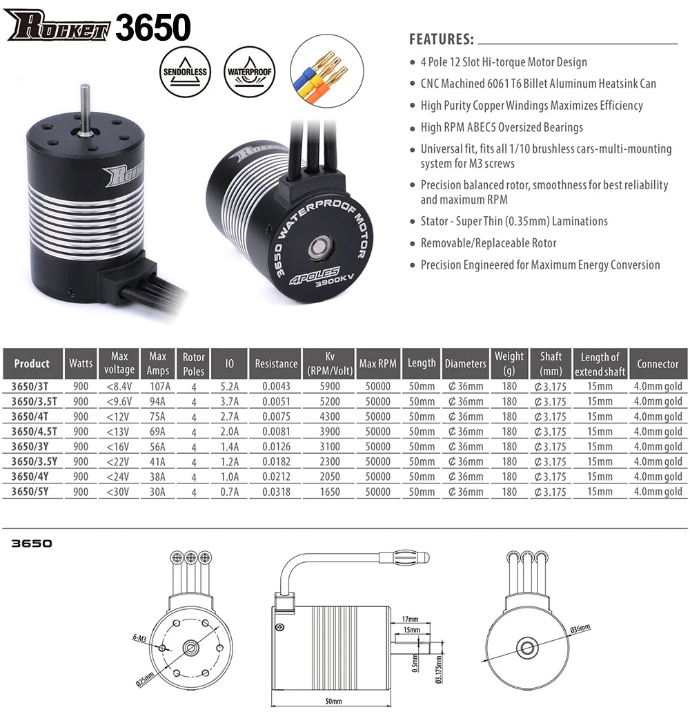 Surpass Hobby Rocket 2845 F540 3650 3660 3665 3670 3674 4068 Waterproof Brushless Motor for 1/10 1/12 RC Car Robot WLtoys 12428