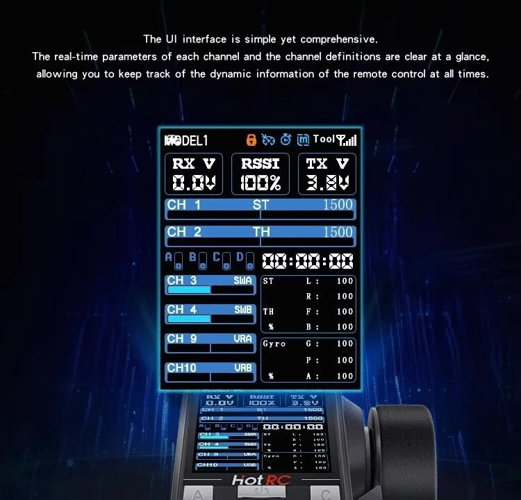 HotRC-Remote Control CT-10B 10-Channels, 2.4GHz Transmitter Controller for Climbing, Drifting Vehicle, RC Cars, Aircraft,
