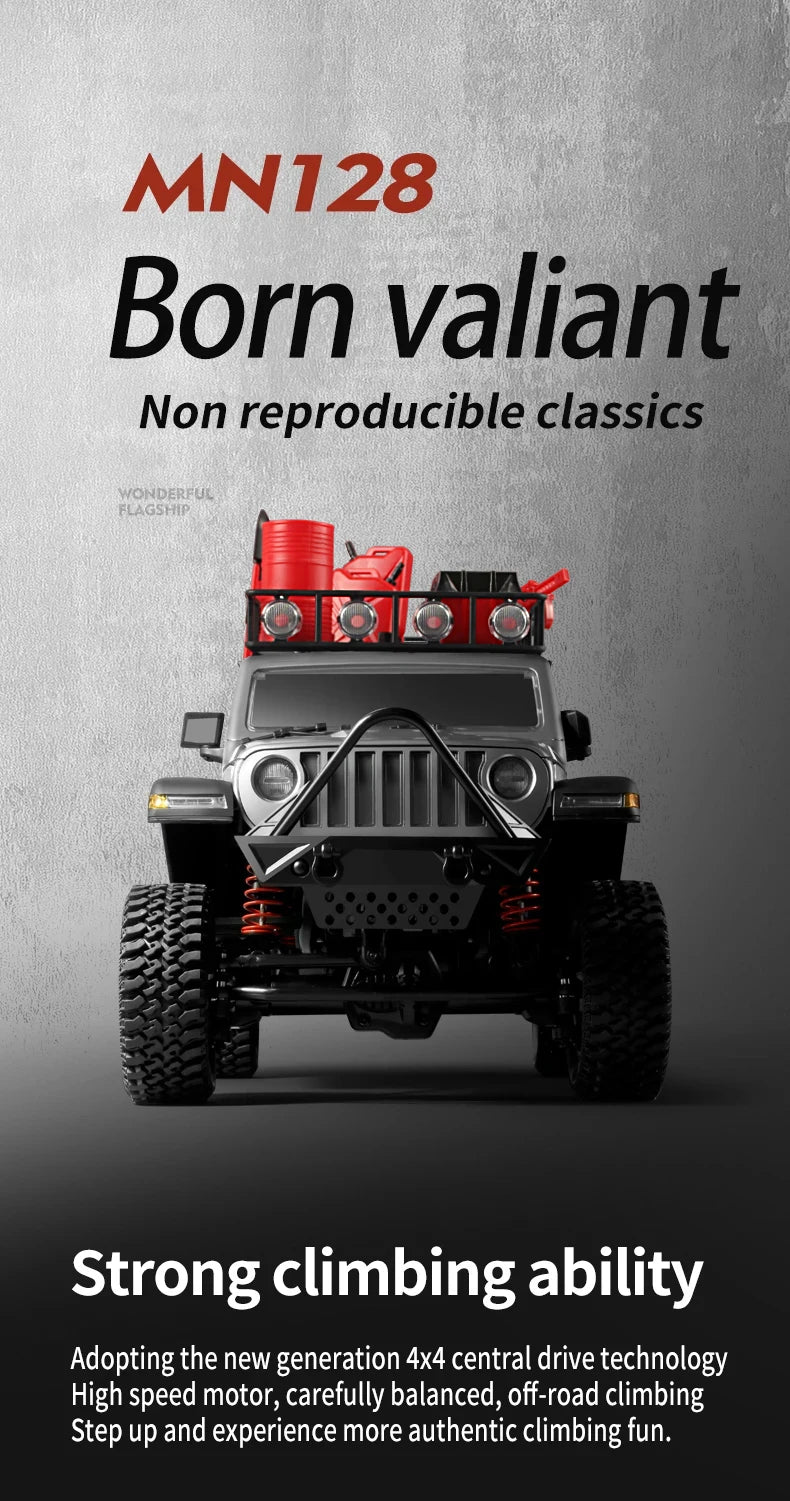 1/12 MN128 RC Car 4WD Jeep Model 2.4G Remote Control LED Light 4X4 Off Road 4WD Climbing RC Truck Electric Toy Car Gift for Boy