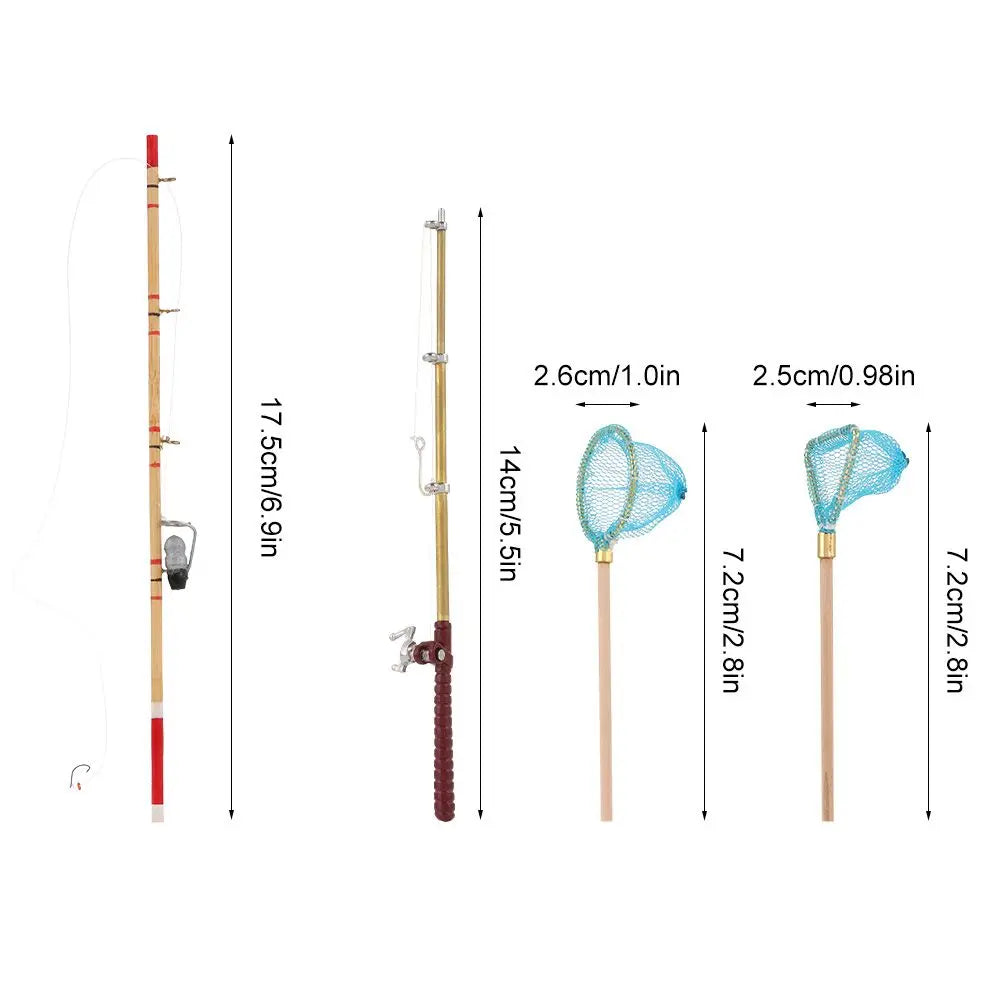 1:12 Miniature Fishing Rod Fish Pole Trammel Net Dollhouse Decoration Doll Accessories Scene Model Micro Landscape Fairy Garden