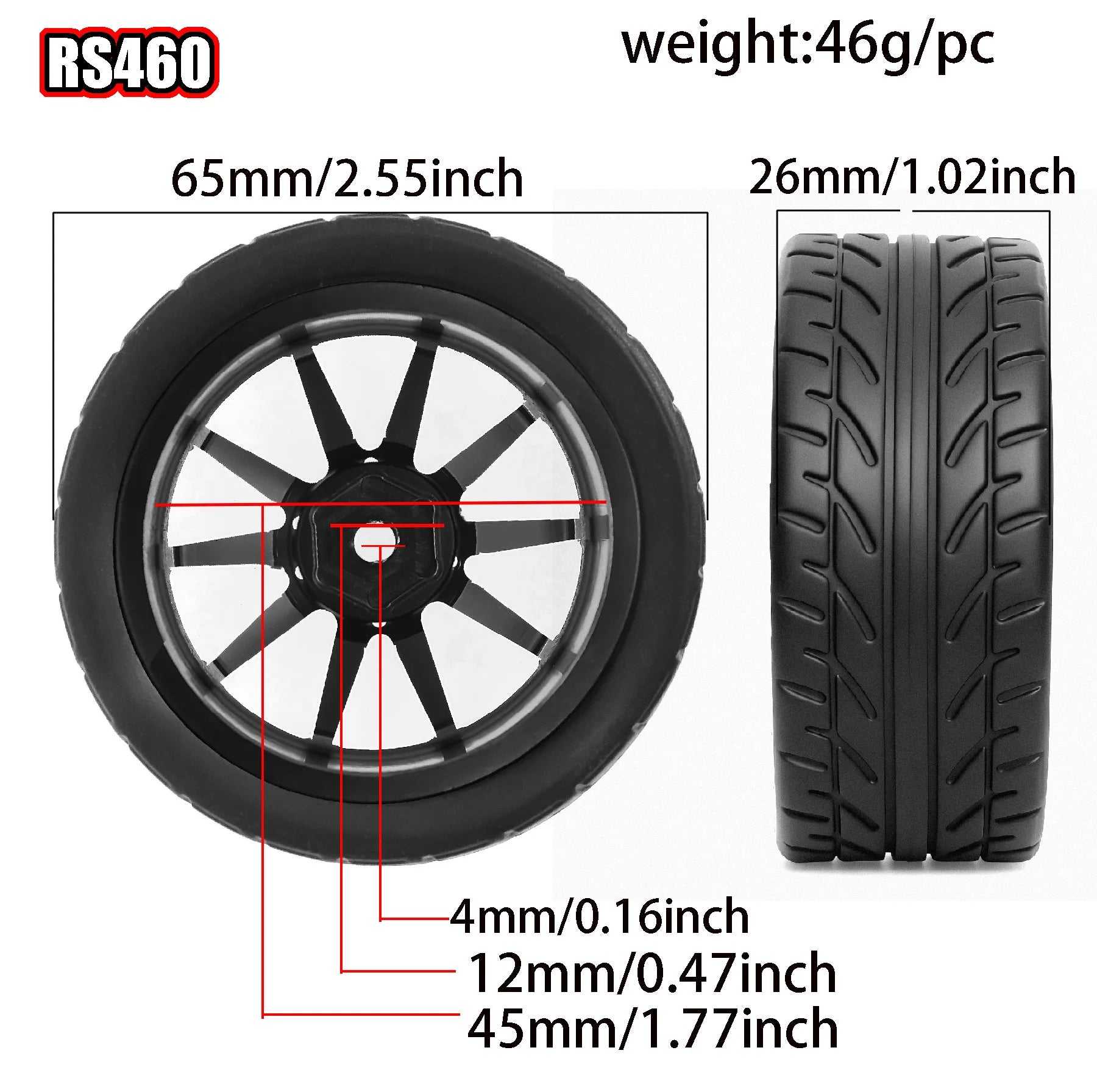 1/10 Metal RC On-Road Wheel Tires 2.55" OD 12mm Hex for 1/10 Tamiya TT01 TT02 XV02 XV01 WLtoys HSP Kyosho WR8 RedCat Sakura HPI